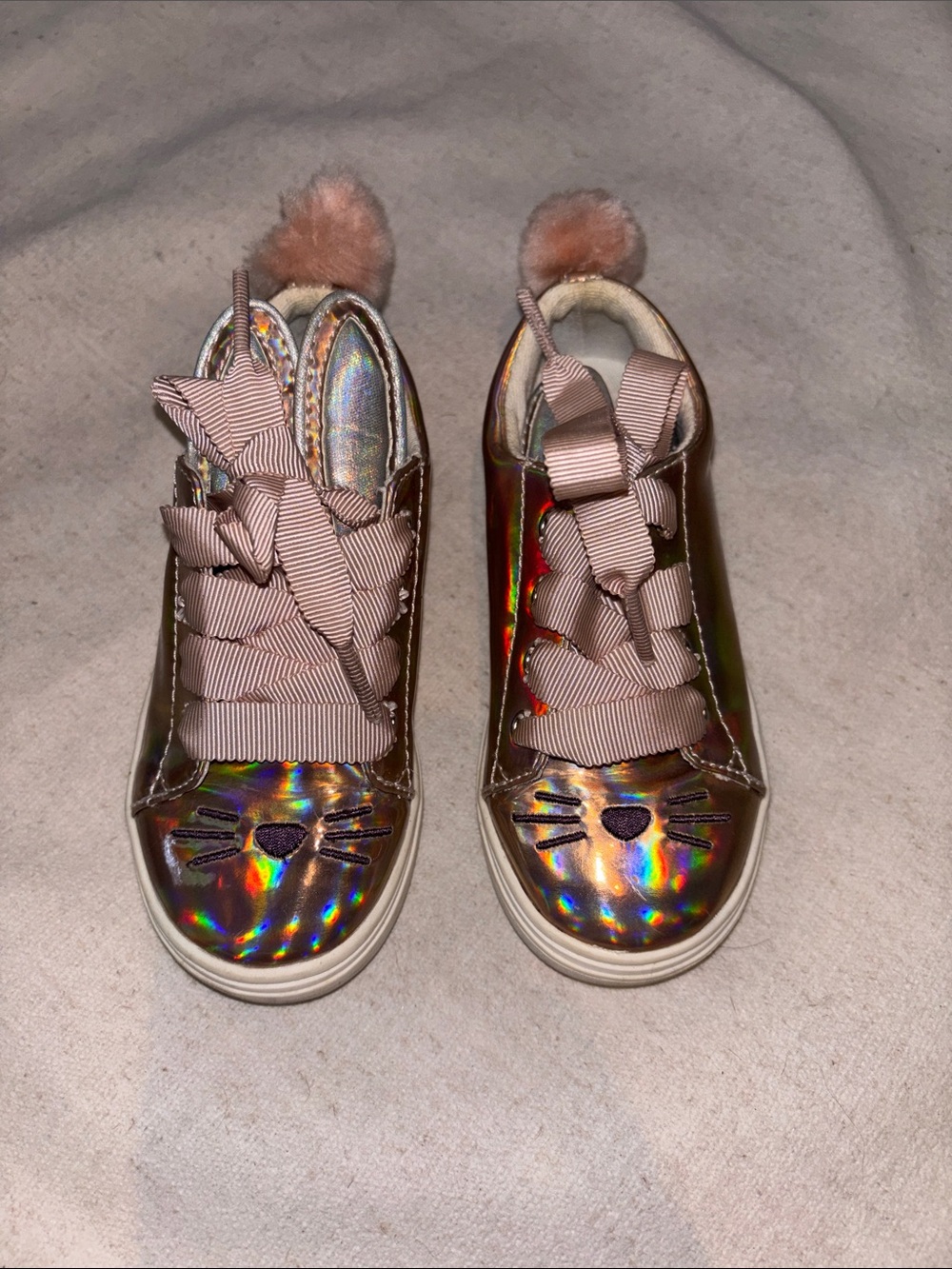 Kids Holographic Pink Rabbit Sneaker with Pom Detail